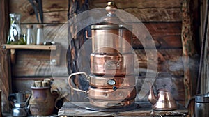 A copper kettle and a large metal pot on top of wooden table, AI