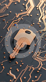 Copper Key Rests on a Dark Circuit Board for Cybersecurity Awareness Protection photo