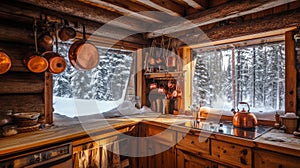 Copper Kitchenware in a Rustic Log Cabin with Snowy Window Views