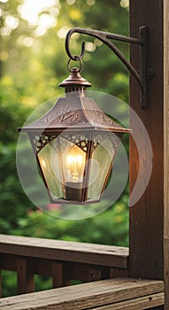 Copper Lantern Hanging on Wooden Post at Dusk