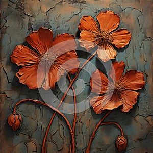 Copper Leaf Oil Painting Of Orange Flowers On Rocks - Peter Gric Style