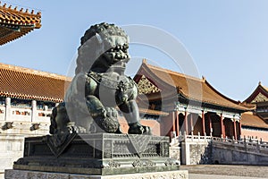 Copper lion behind to The Hall of Supreme Harmony