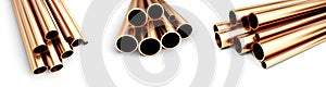 Copper metal pipes goods on white background. 3d Illustrations