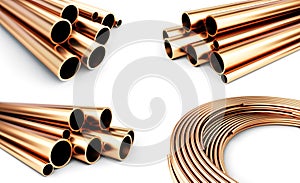 Copper metal pipes on white background. 3d Illustrations