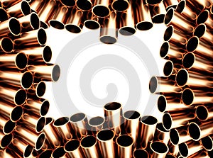 Copper metal pipes on white background.