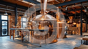 Copper Microbrewery: Modern Distillery and Beer Plant with Kettles, Tubes, and Tanks for Craft Brewing