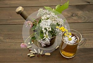 A mortar with medicinal herbs, next to a transparent Cup of tea and capsules