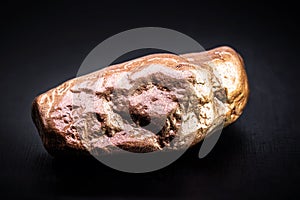 Copper nugget, a chemical element with the symbol Cu from Latin cuprum, at room temperature copper is in a solid state