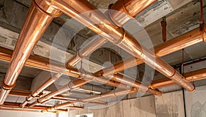 Copper pipes on a ceiling grid