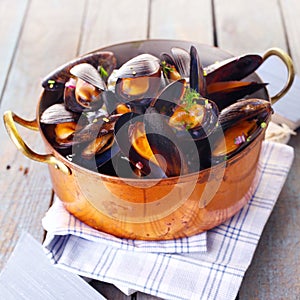 Copper pot of gourmet mussels