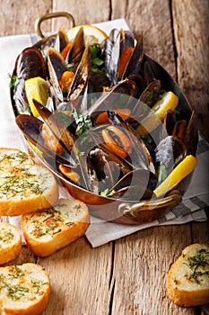 Copper pot of gourmet mussels with lemon, parsley and garlic served on a bread. Vertical