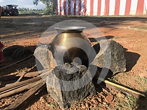 Copper pot with pongal making festival