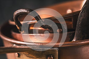 Copper pots and pans close-up