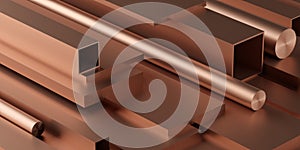 Copper profiles stack or heap frame filling background, metal manufactoring or product concept photo