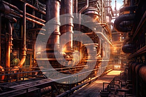 Copper Refinery Plant With Intricate Pipelines And Industrial Machinery. Generative AI