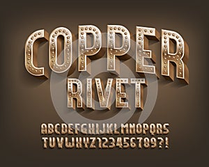 Copper Rivet alphabet font. Steampunk threadbare letters and numbers.