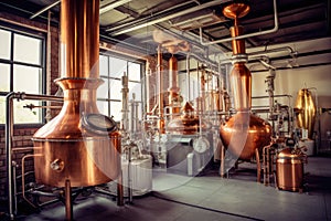 copper stills and equipment shining in the distillery