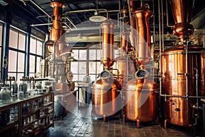 copper stills and equipment shining in the distillery photo