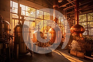 copper stills glowing in the warm sunlight