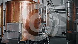 copper tank for mashing wort in brewery, brewing process in craft beer plant
