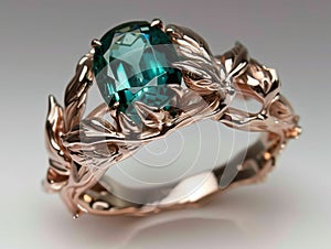 A copper and teal blue ring with leaves vines flowers. Green emerald fashion engagement diamond ring. Luxury female