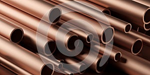 Copper tube profiles stack or heap frame filling background, metal manufactoring or product concept photo