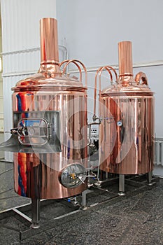 Copper tuns for brewing at brewery