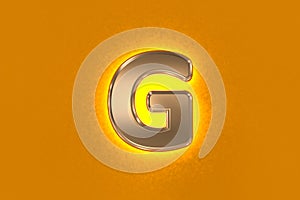 Copper or vintage gold brassy alphabet with yellow noisy backlight - letter G isolated on orange background, 3D illustration of