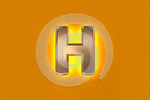 Copper or vintage gold brassy alphabet with yellow noisy backlight - letter H isolated on orange, 3D illustration of symbols