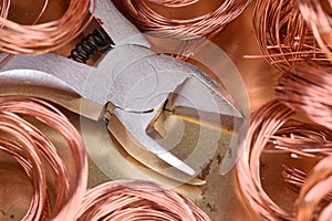 Copper wire scrap and tool pliers