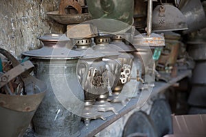 Coppersmith workshop and hand made copper things, Lahich, Azerbaijan. Interior of coppersmith workshop in the village.