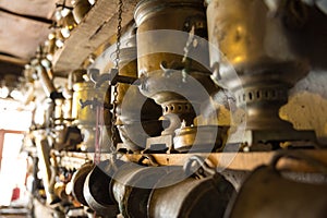 Coppersmith workshop and hand made copper things, Lahich, Azerbaijan. Interior of coppersmith workshop in the village.