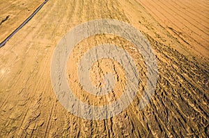Cops wheat, corn, rye, oats destroyed after rain Wheat, corn, rye, oats  partly lying down in field after heavy rain. Aerial photo