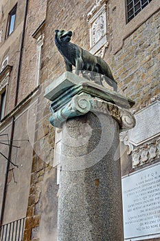 Copy of Capitoline Wolf statue on pillar at the northern corner of Palazzo senatorio. Rome. Italy