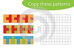 Copy these patterns, pixel art, drawing skills training, educational paper game for the development of children, kids preschool