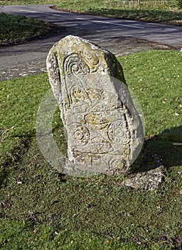 A Copy of the Pictish Dunnichen stone, discovered in 1811 and now residing at the Meffan Institute.