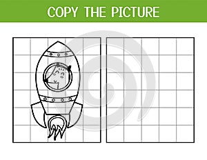 Copy the picture activity page for kids. Draw and color a cute fox in rocket