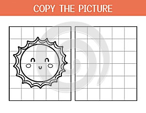 Copy the picture activity page for kids. Draw and color a cute sun using the example
