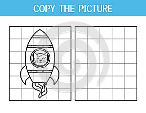 Copy the picture activity page for kids. Draw and color a rocket with a cute cat