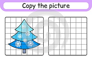 Copy the picture and color christmas tree. Complete the picture. Finish the image. Coloring book. Educational drawing exercise