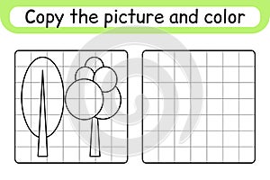 Copy the picture and color tree. Complete the picture. Finish the image. Coloring book. Educational drawing exercise game for