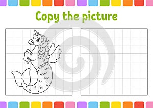 Copy the picture. Cute mermaid unicorn. Coloring book pages for kids. Education developing worksheet. Game for children.