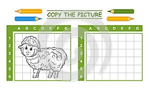Copy picture cute sheep in cells education children game. Drawing and color lamb. Kid coloring page. Ewe animal hand draw. Vector