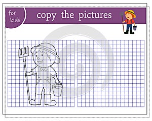 Copy the picture, educational games for kids, cute cartoon farmer. vector isolated on a white background