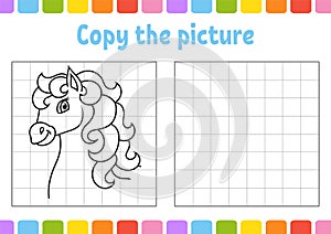 Copy the picture. Horse animal. Coloring book pages for kids. Education developing worksheet. Game for children. Handwriting