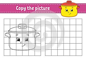 Copy the picture. Stewpan. Coloring book pages for kids. Education developing worksheet. Game for children. Handwriting practice.