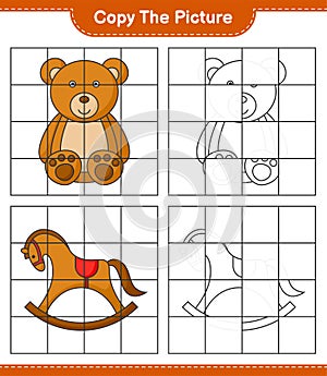 Copy the picture, copy the picture of Teddy Bear and Rocking Horse using grid lines. Educational children game, printable