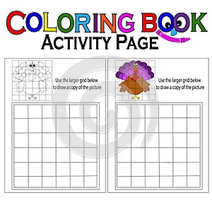 Copy the picture Thanksgiving themed grid drawing for Kids coloring book. Black white and color version.