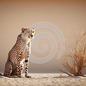 Copy space accentuates a cheetahs presence in the arid desert