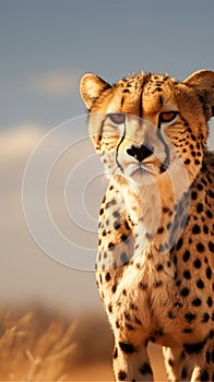 Copy space accentuates a cheetahs presence in the arid desert